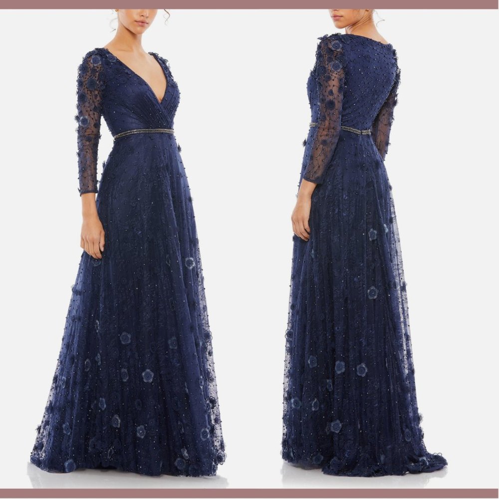 NEW $798 Mac Duggal [ 8 ] Floral Applique‎ Long Sleeve Wrap Gown Blue